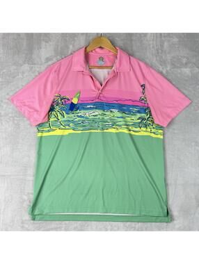 Chubbies Tropical Beach Polo Shirt Pink Surf Graphic Size Medium Summer Preppy